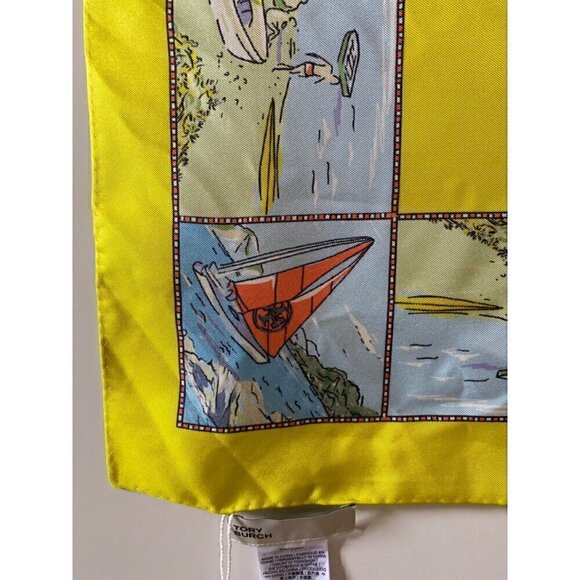 tory burch souvenir silk square scarf acid lemon 36"x36" yellow blue beach ocean - Picture 11 of 13